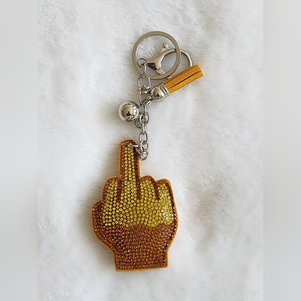 Middle Finger Yellow and Brown Rhinestone Hand Keychain Bag Charm